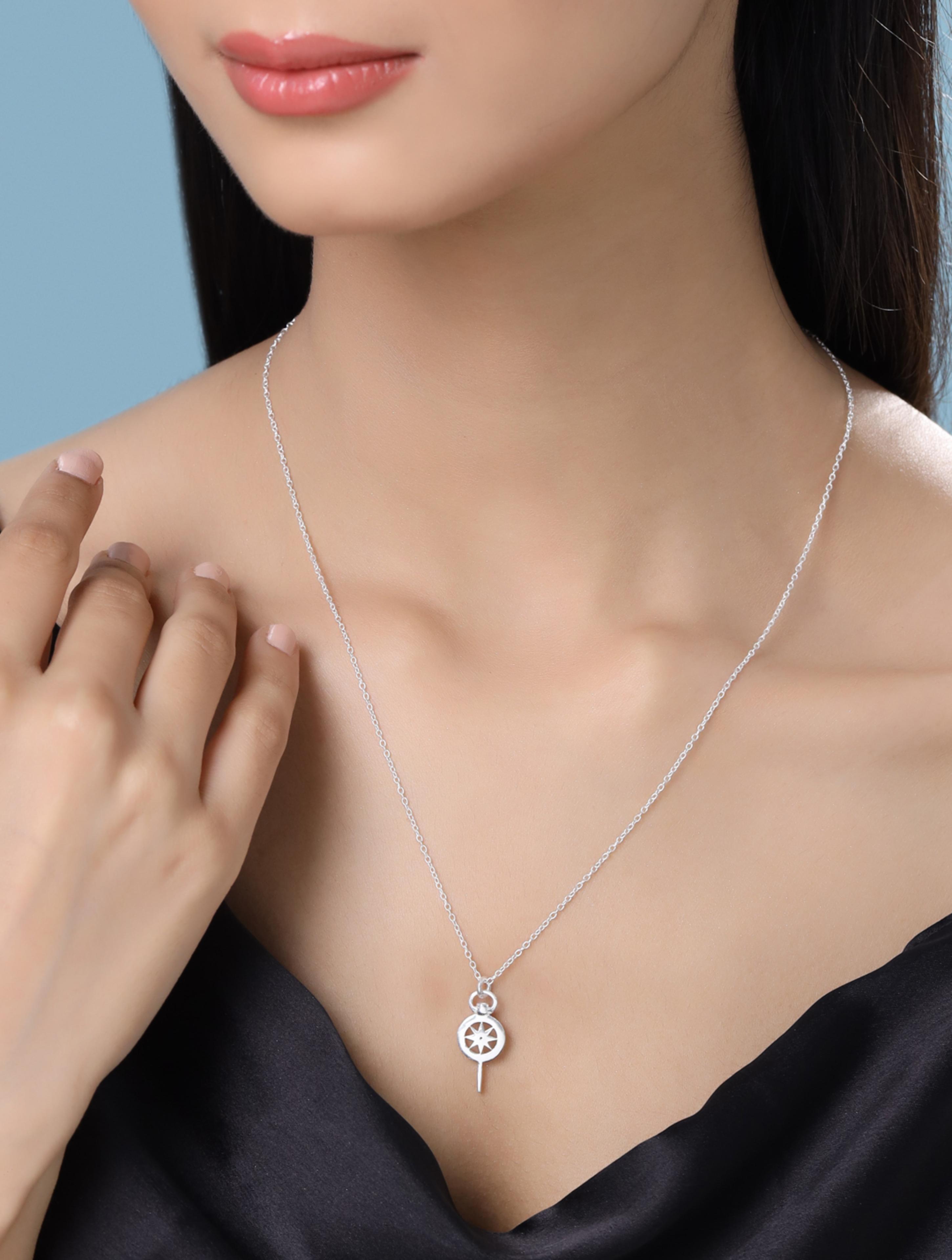 Real Rhodium Plating Compass Stars Good Luck Charm 925 Sterling Silver Pendant For Women