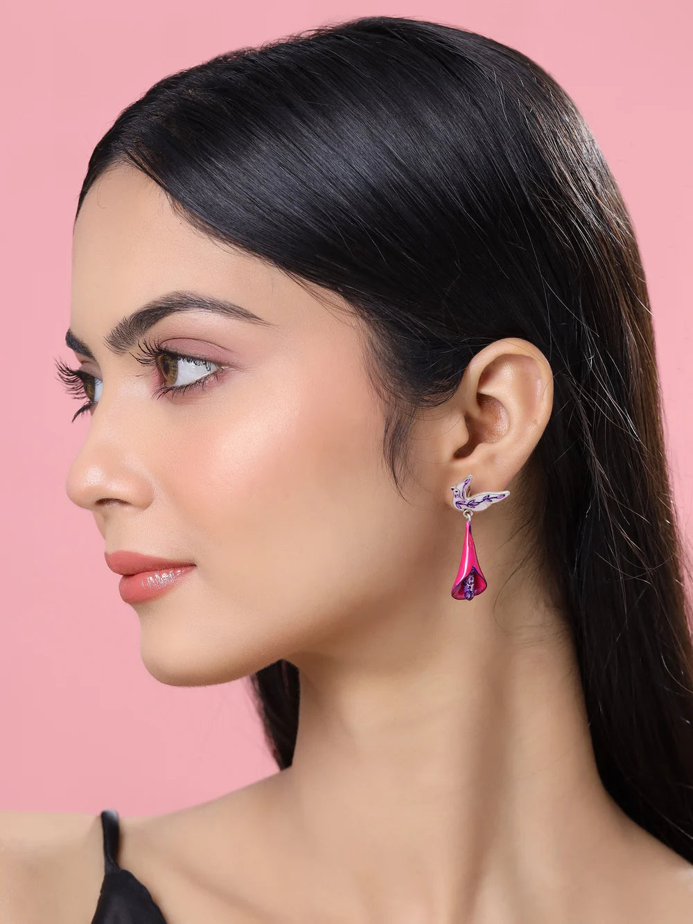 Purple Floral Feather 925 Sterling Silver Drop Earrings For Women