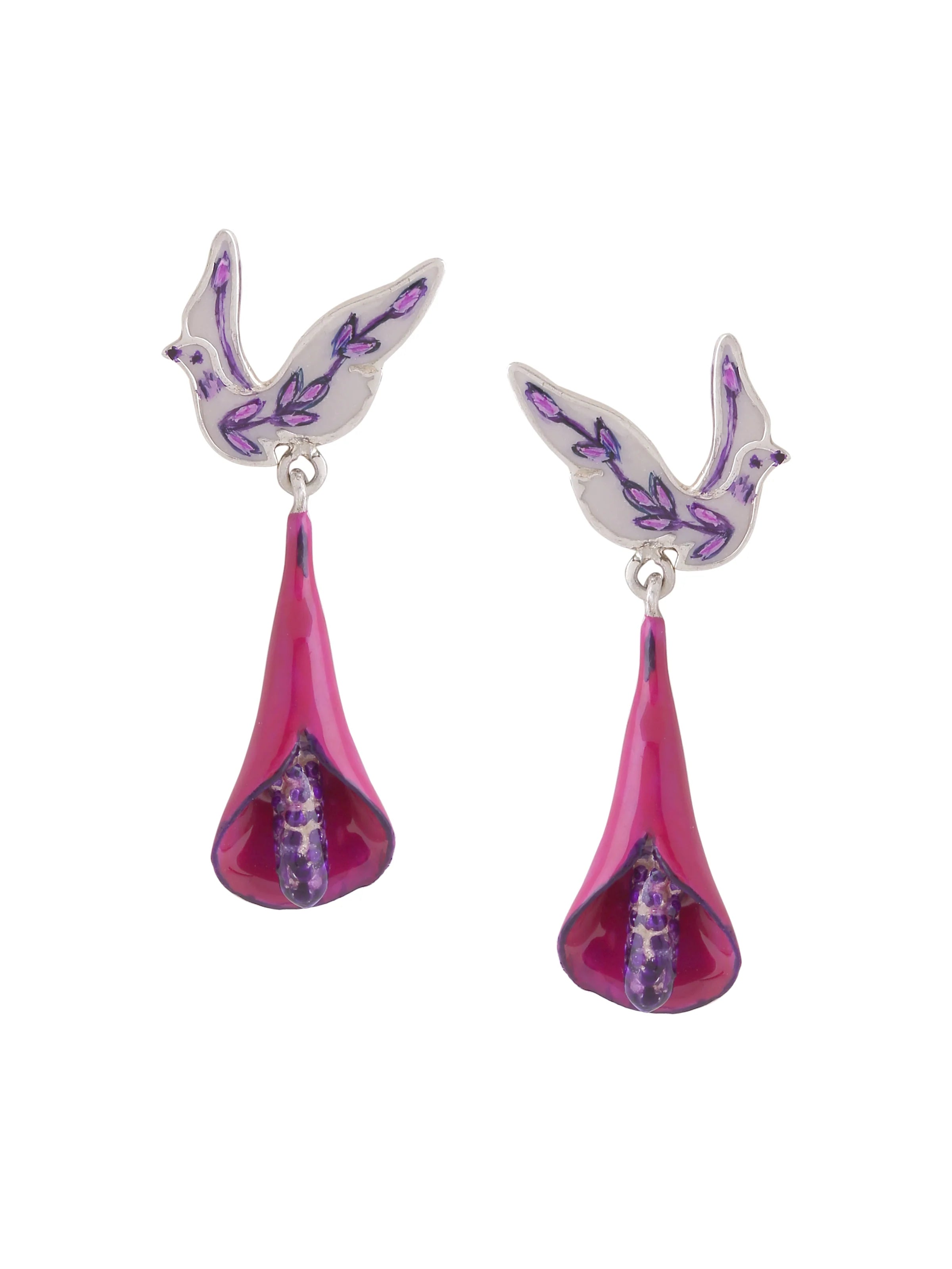 Purple Floral Feather 925 Sterling Silver Drop Earrings For Women