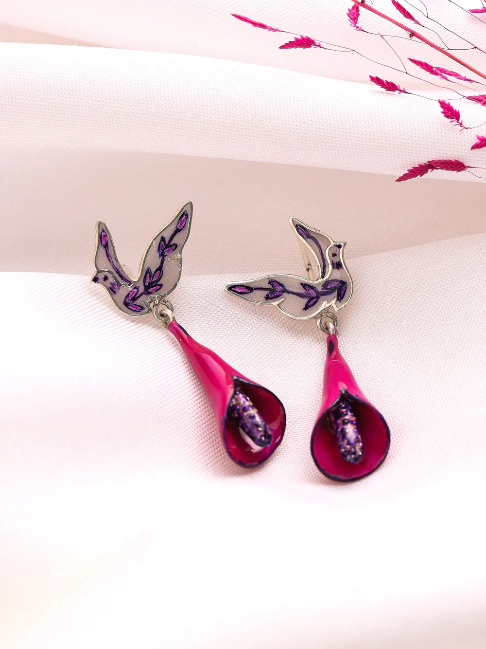 Purple Floral Feather 925 Sterling Silver Drop Earrings For Women