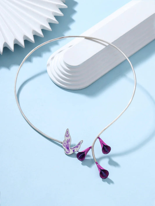 Pearl Purple Floral Feather 925 Sterling Silver Necklace in Real Rhodium For Women