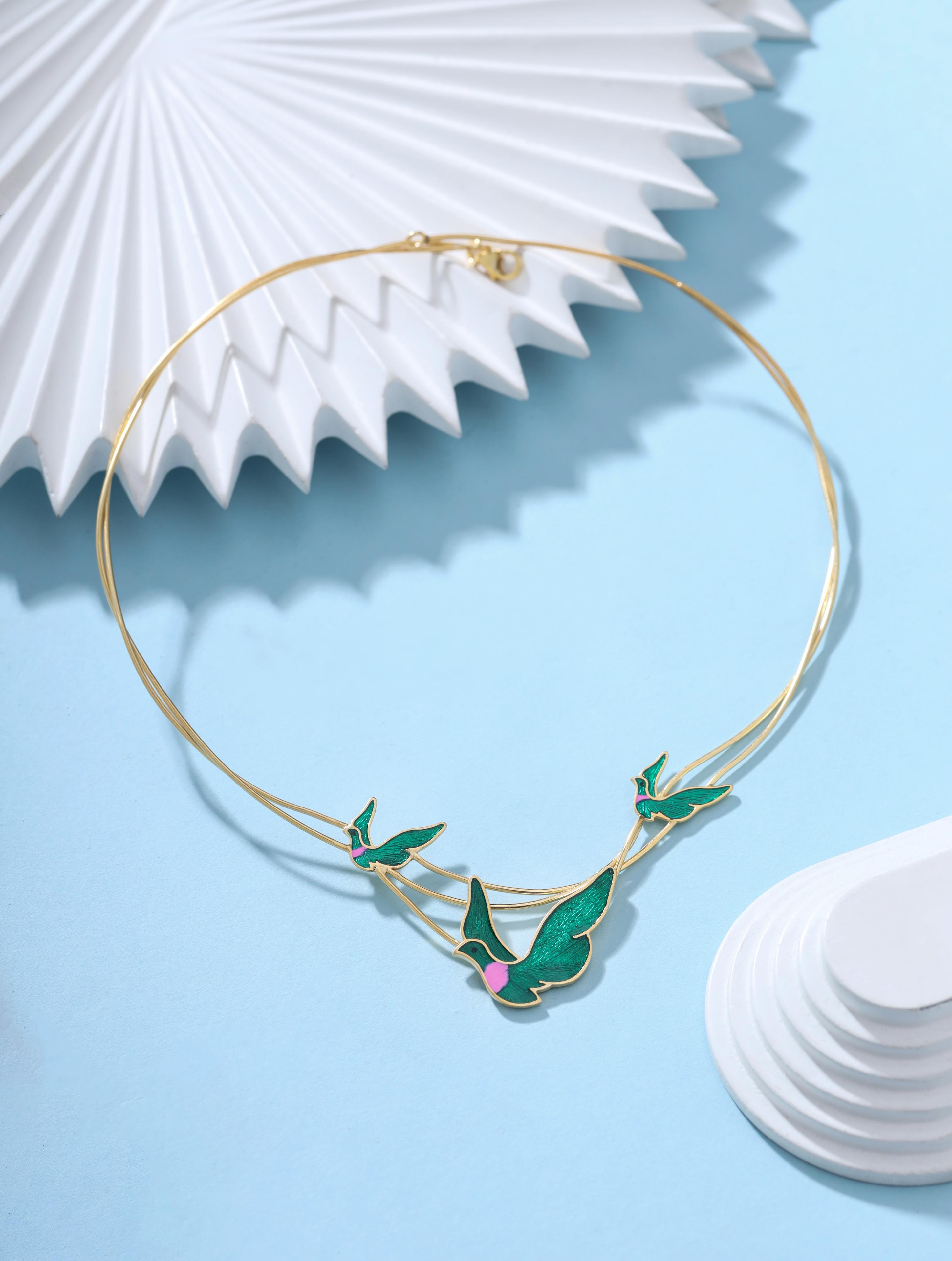 24K Gold-Plated Green Flock 925 Sterling Silver Necklace For Women