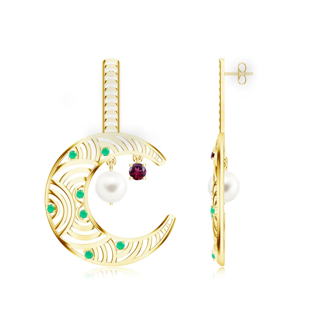 Madhubani-Inspired Green Onyx & Rhodolite Garnet 925 Sterling Silver Earrings For Women