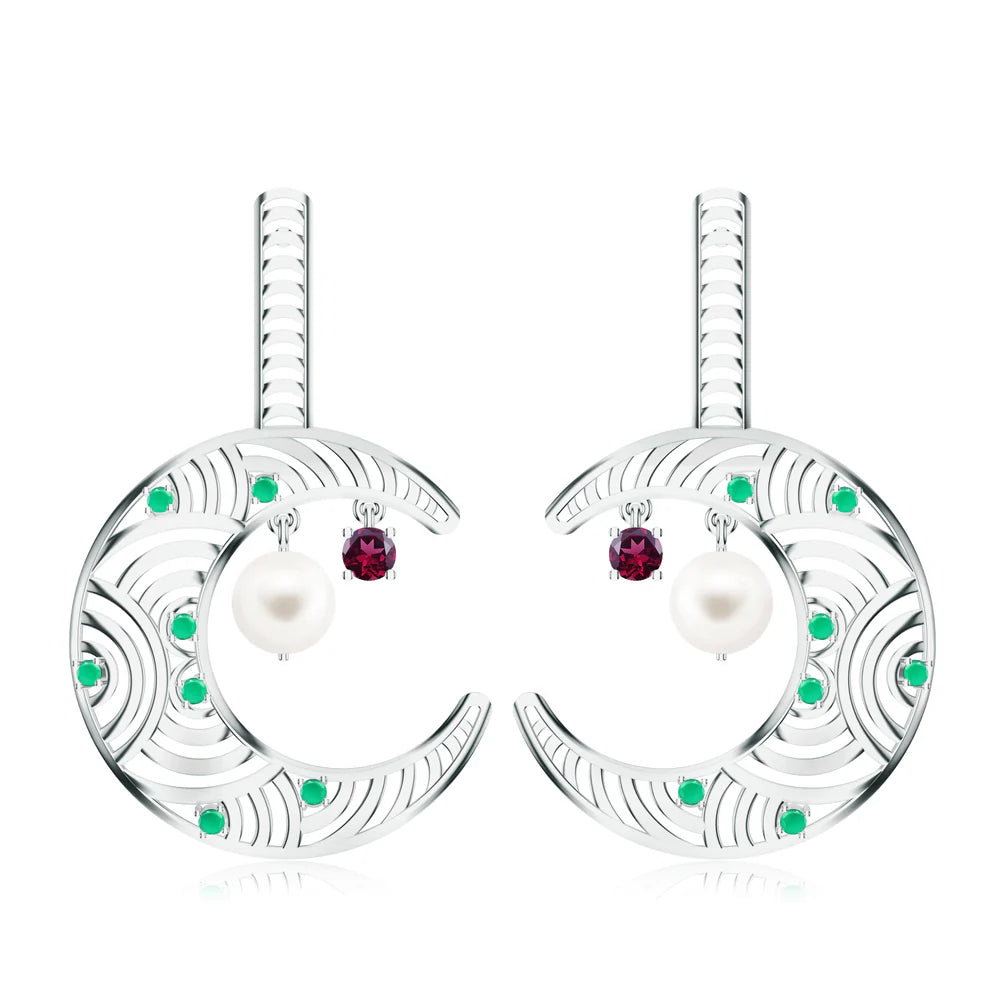 Madhubani-Inspired Green Onyx & Rhodolite Garnet 925 Sterling Silver Earrings For Women