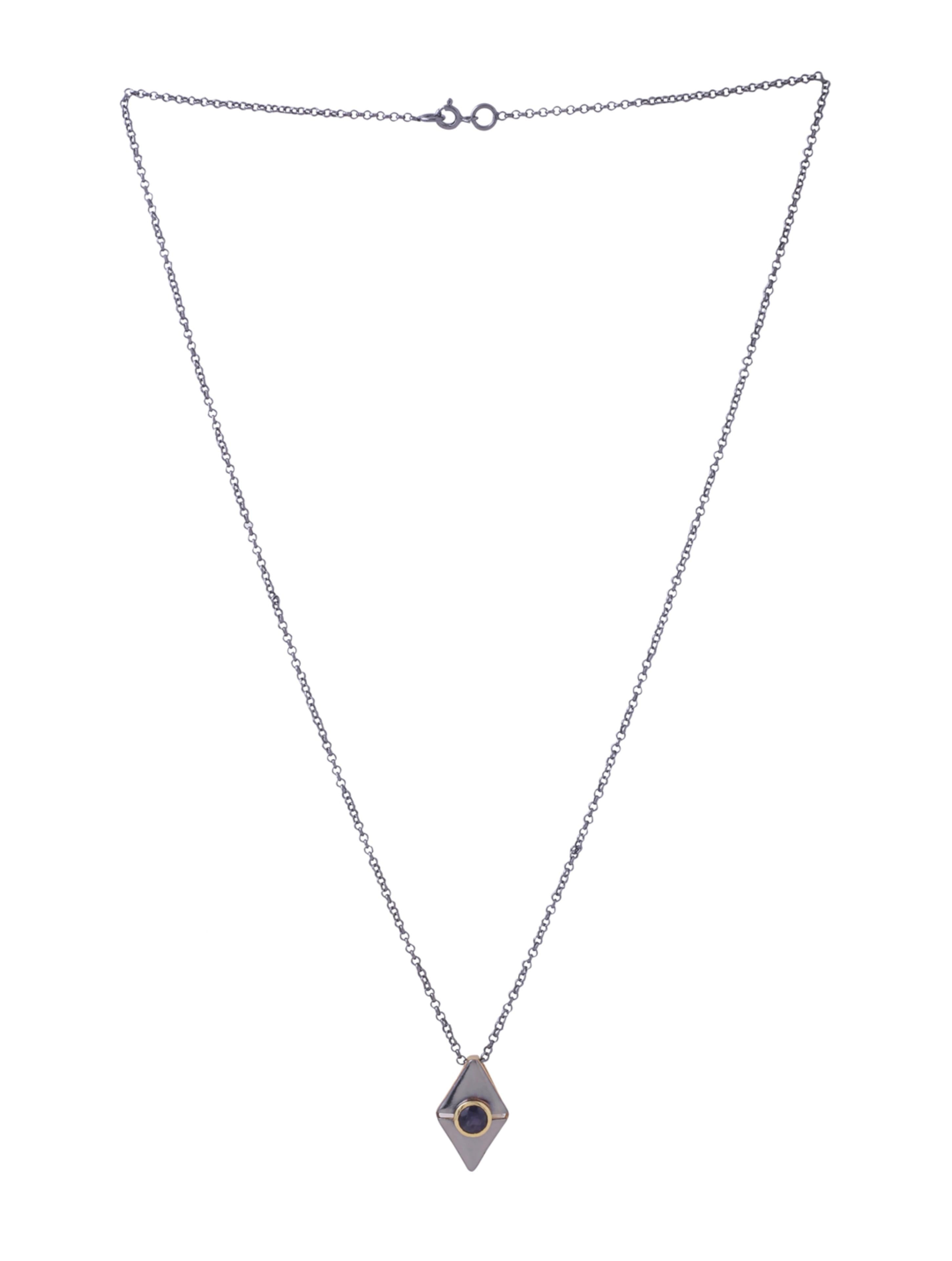Diamond-Shaped Iolite - Dual Plated 925 Sterling Silver Pendant For Men