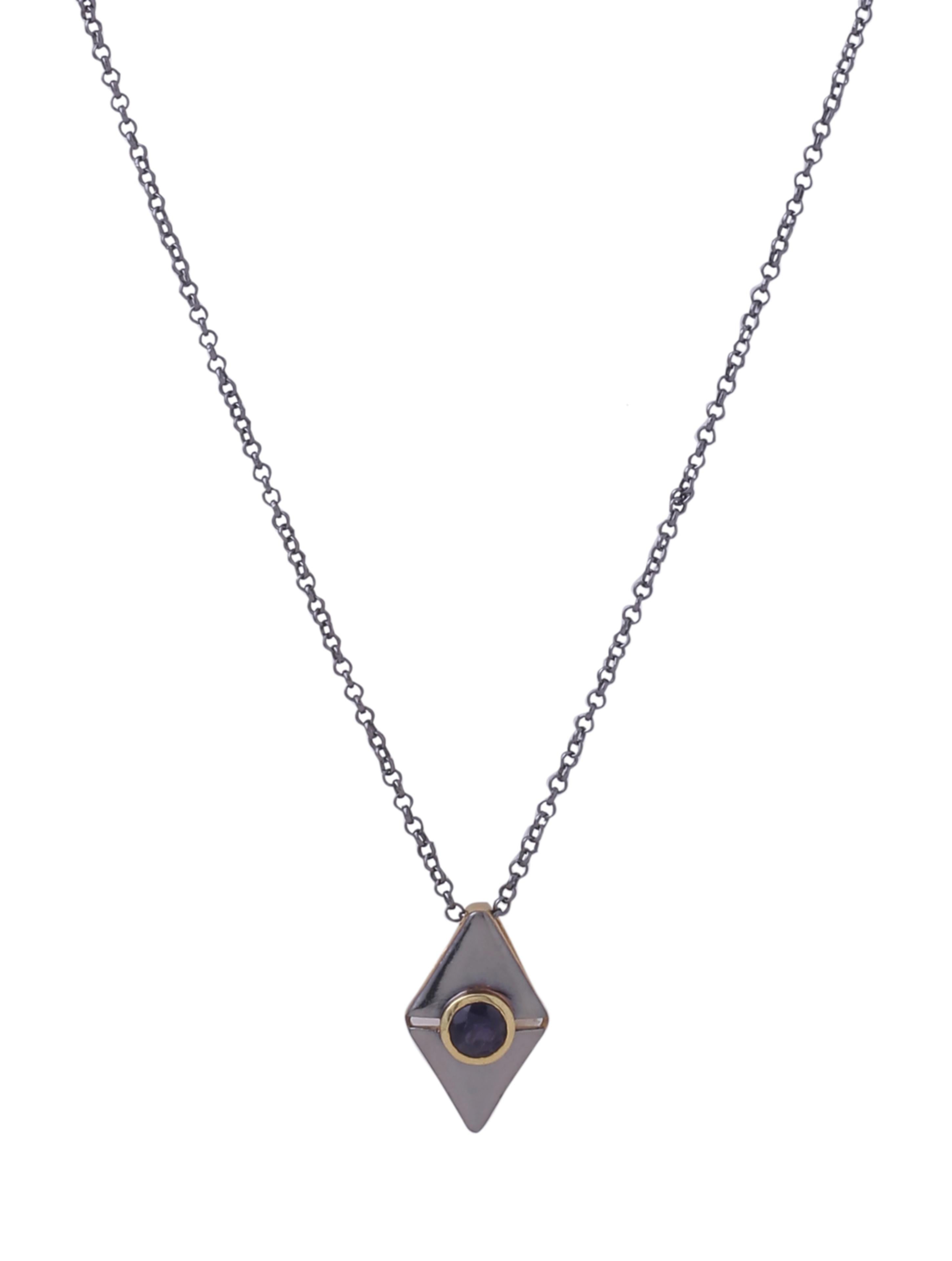 Diamond-Shaped Iolite - Dual Plated 925 Sterling Silver Pendant For Men