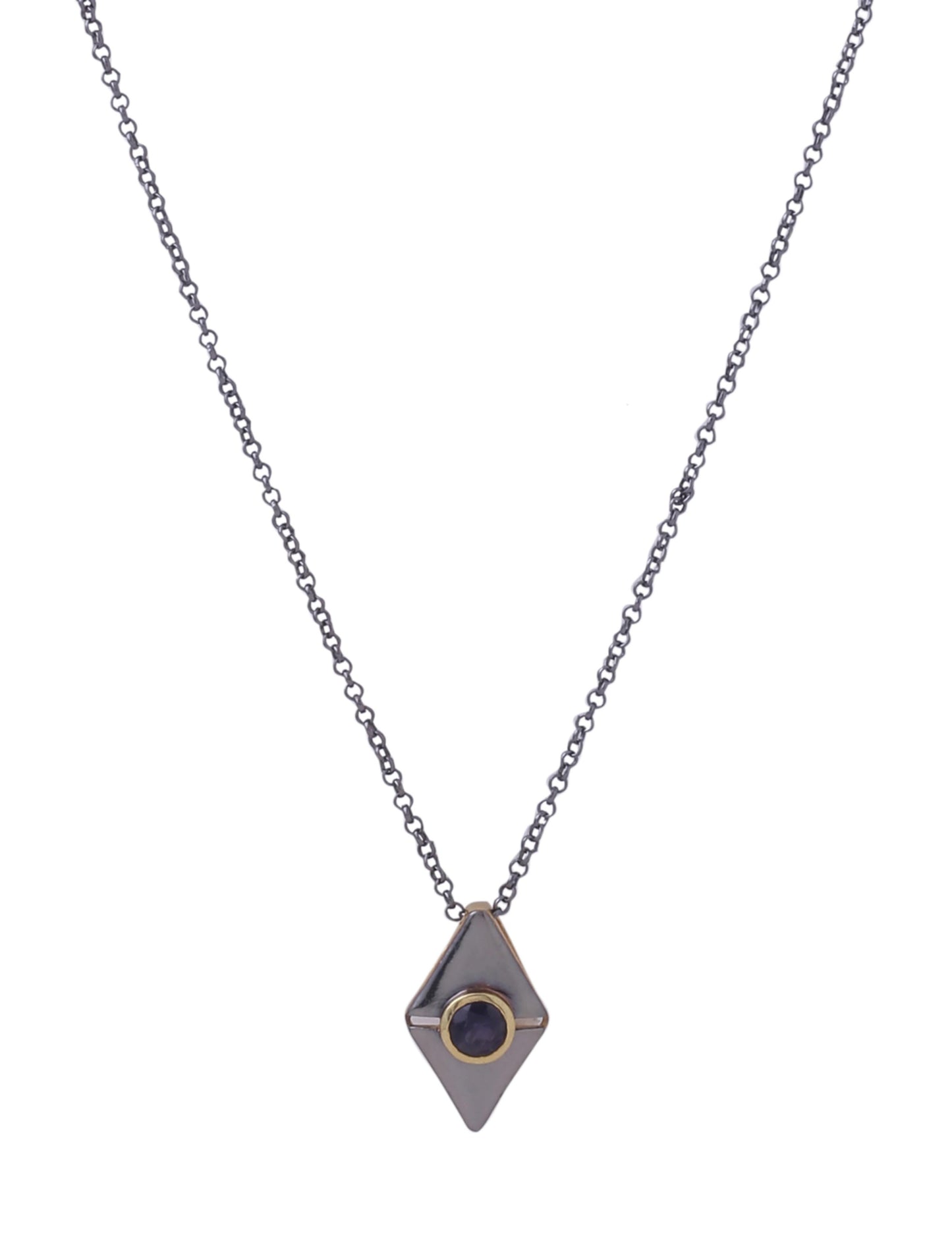 Diamond-Shaped Iolite - Dual Plated 925 Sterling Silver Pendant For Men