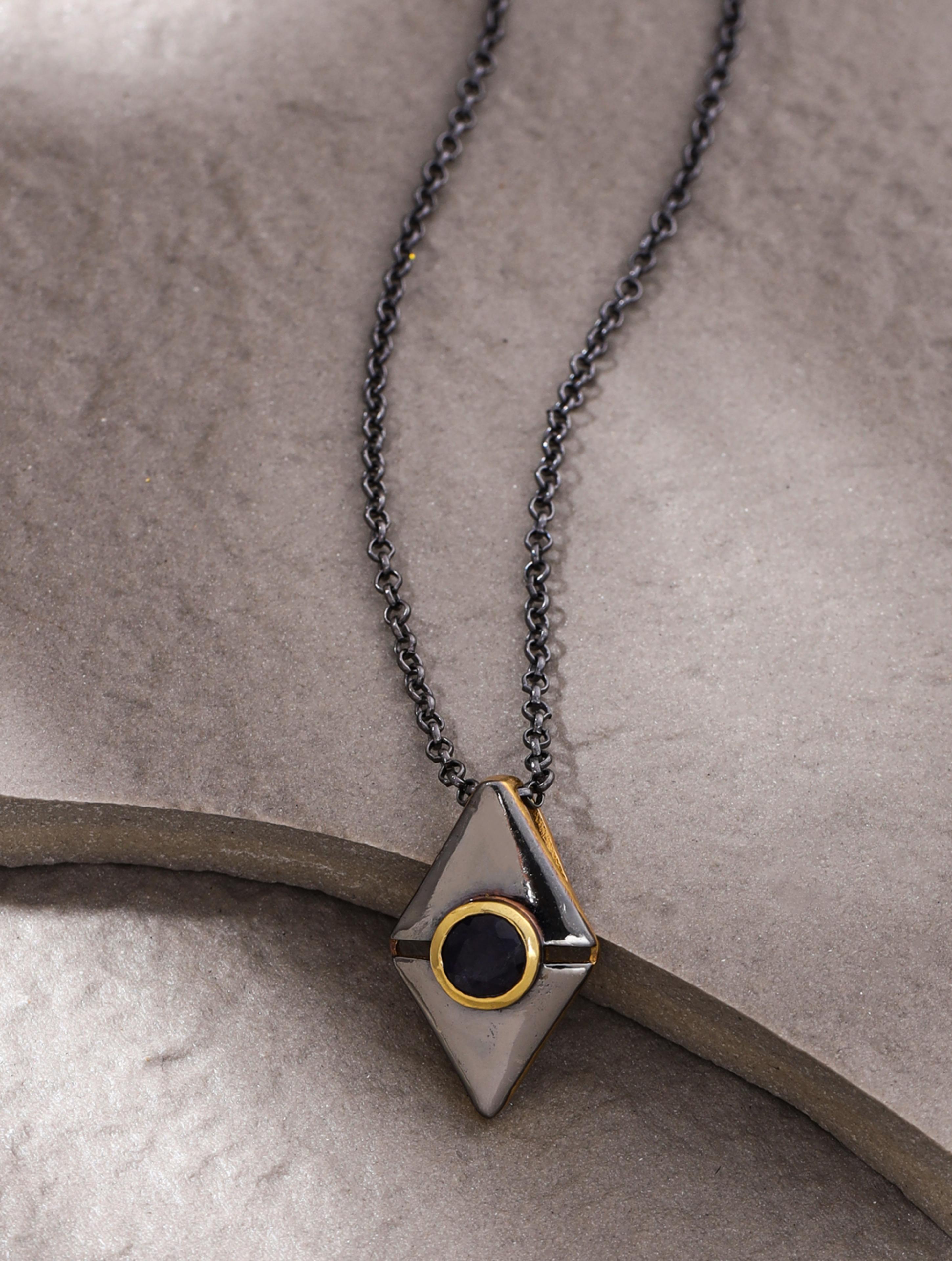 Diamond-Shaped Iolite - Dual Plated 925 Sterling Silver Pendant For Men