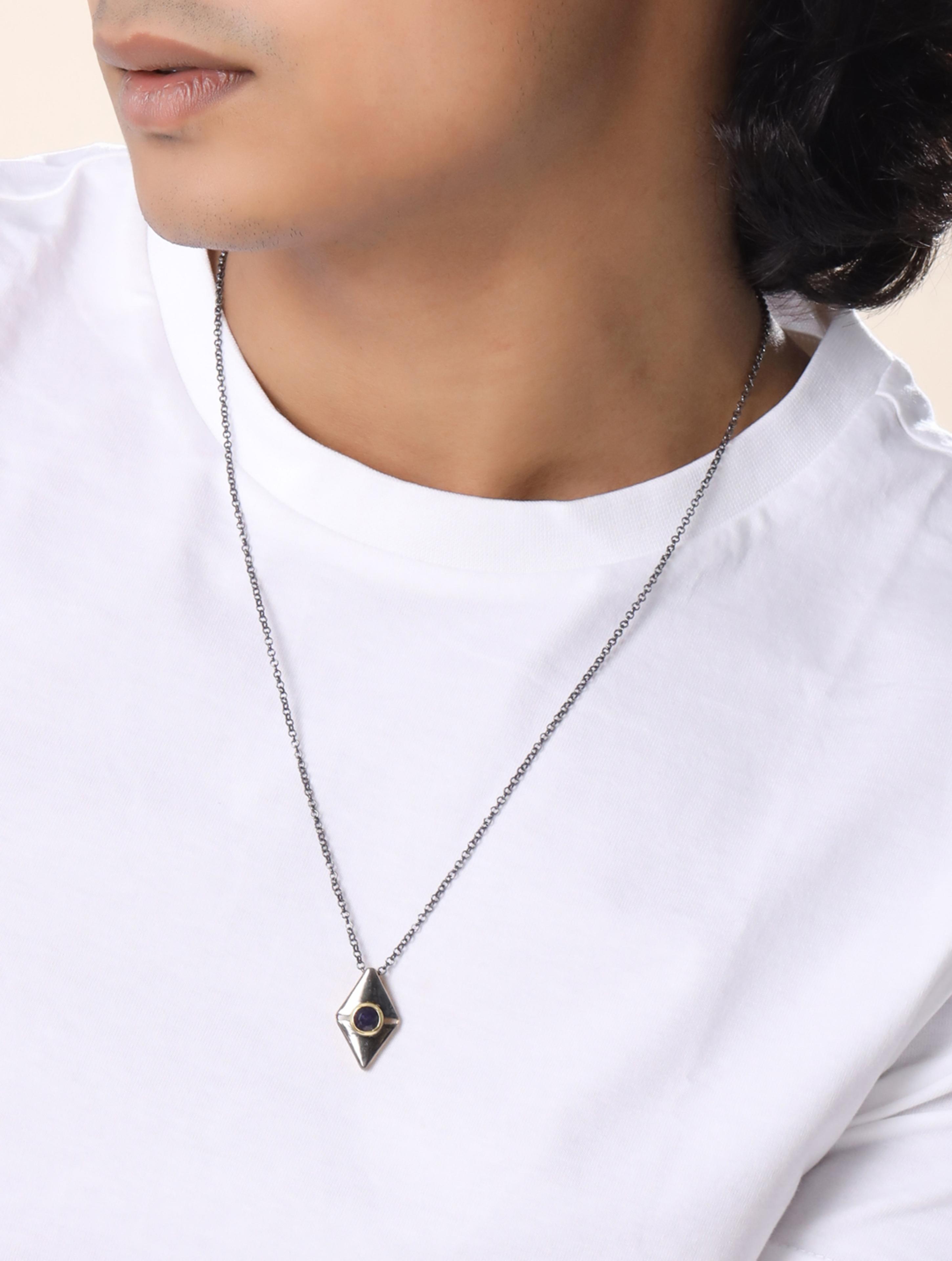 Diamond-Shaped Iolite - Dual Plated 925 Sterling Silver Pendant For Men