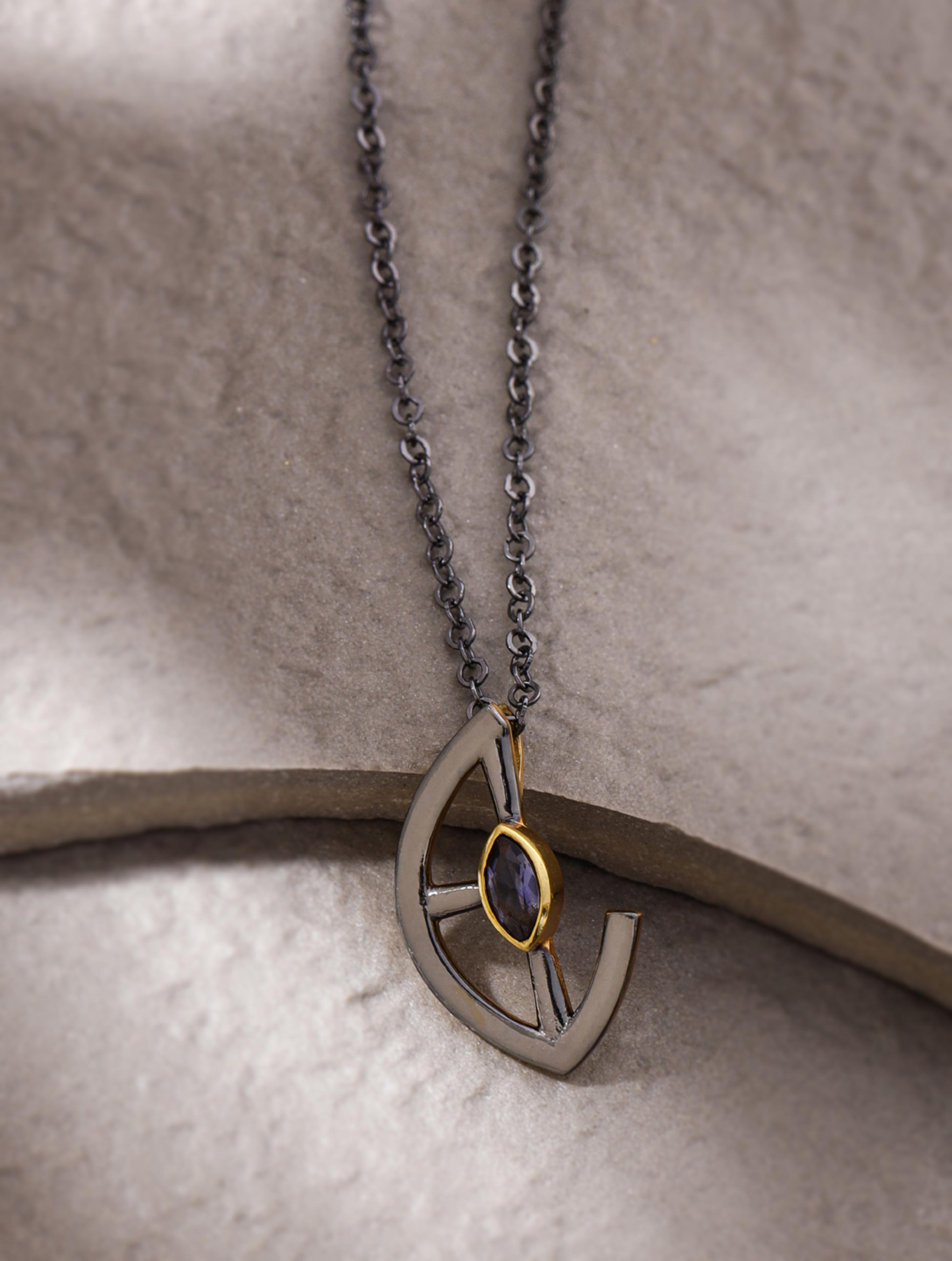 Marquise Iolite Silver 925 Sterling Silver Pendant For Men