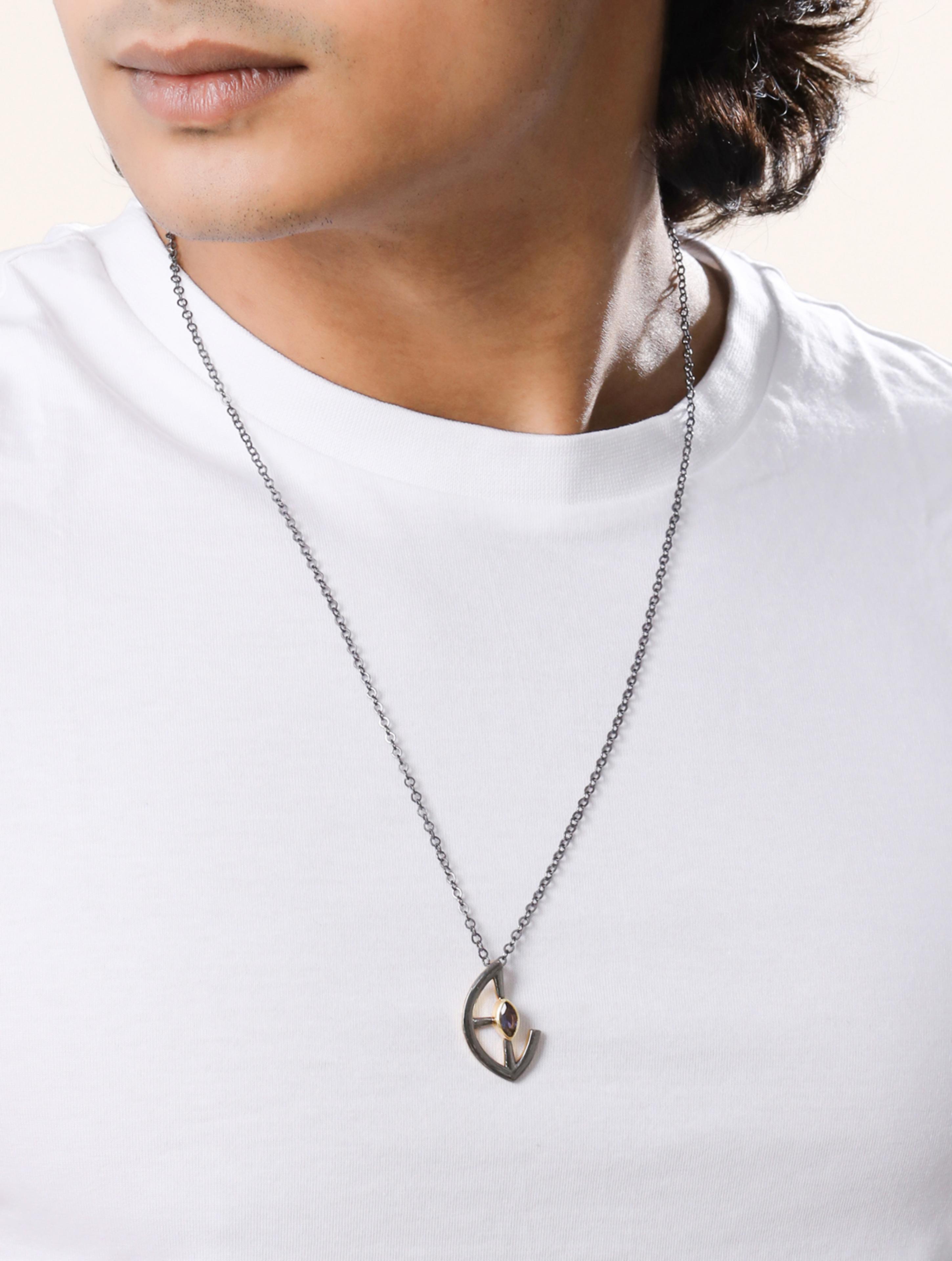 Marquise Iolite Silver 925 Sterling Silver Pendant For Men