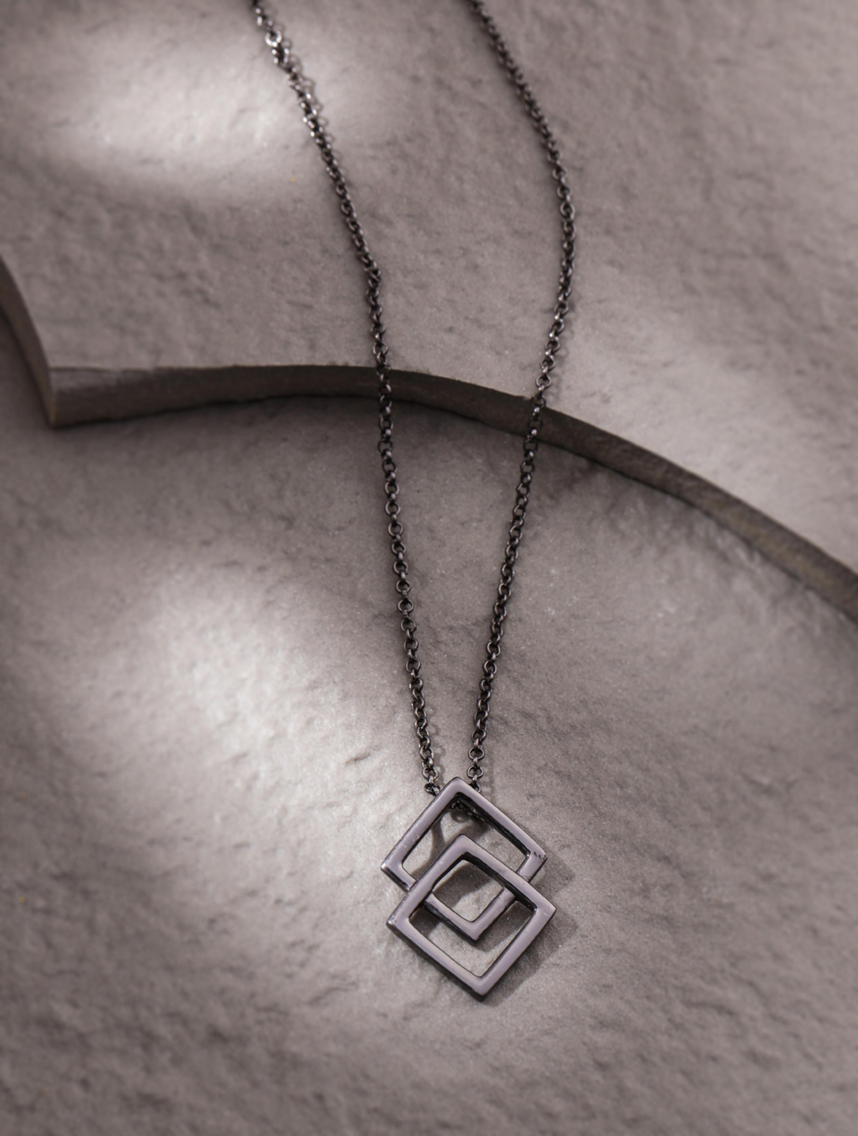 Square- Geometric Ruthenium Jewellery 925 Sterling Silver Pendant For Men