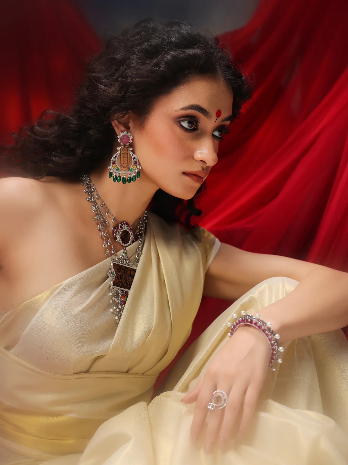 Durga Motifs Navratna Earrings