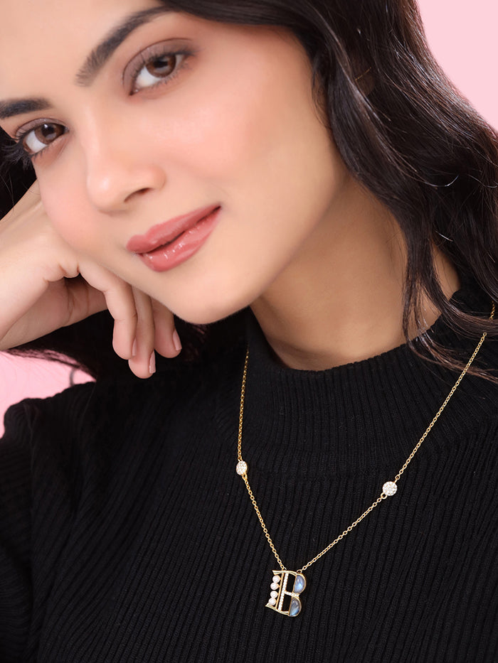Labradorite Pearl Gold-plated Enchanting 'B' Alphabet 925 Sterling Silver Pendant For Women