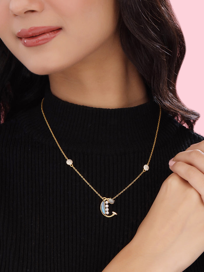 Labradorite Pearl Gold-plated Gem Accents 'C' Alphabet Pendant 925 Sterling Silver Pendant For Women