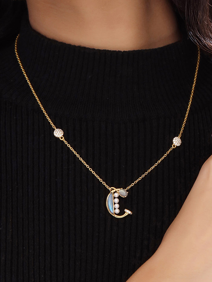 Labradorite Pearl Gold-plated Gem Accents 'C' Alphabet Pendant 925 Sterling Silver Pendant For Women