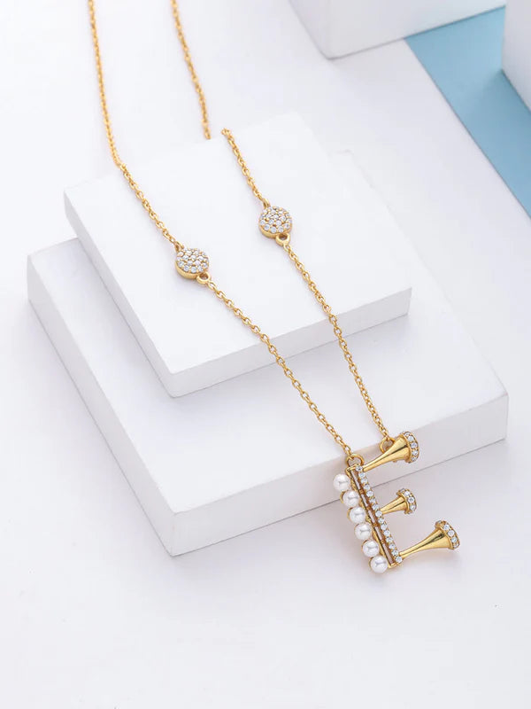 Pearl 925 Sterling Silver 'E' Alphabet -24K Gold Plated Pendant For Women