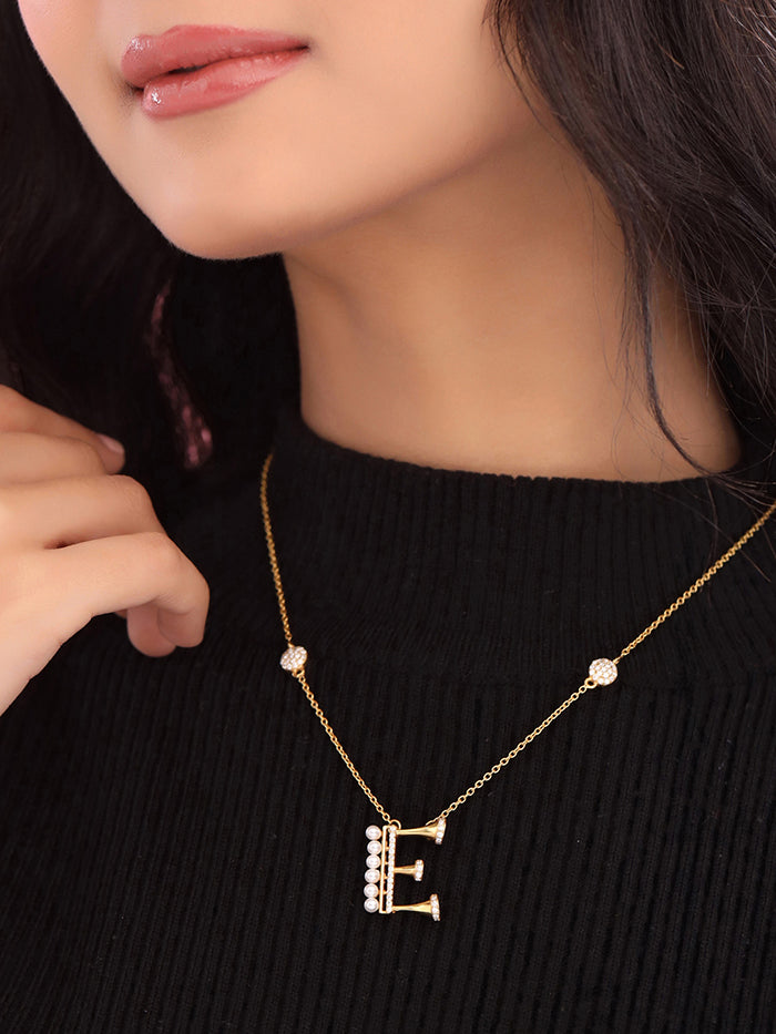 Pearl 925 Sterling Silver 'E' Alphabet -24K Gold Plated Pendant For Women