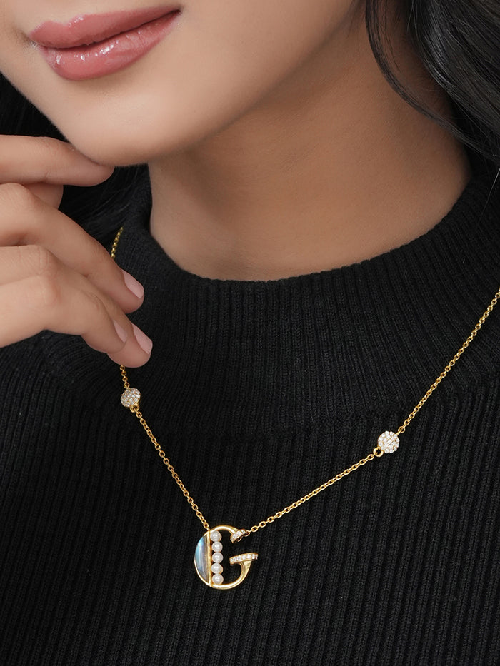Labradorite Pearl Gold-plated Charming 'G' Alphabet 925 Sterling Silver Pendant For Women