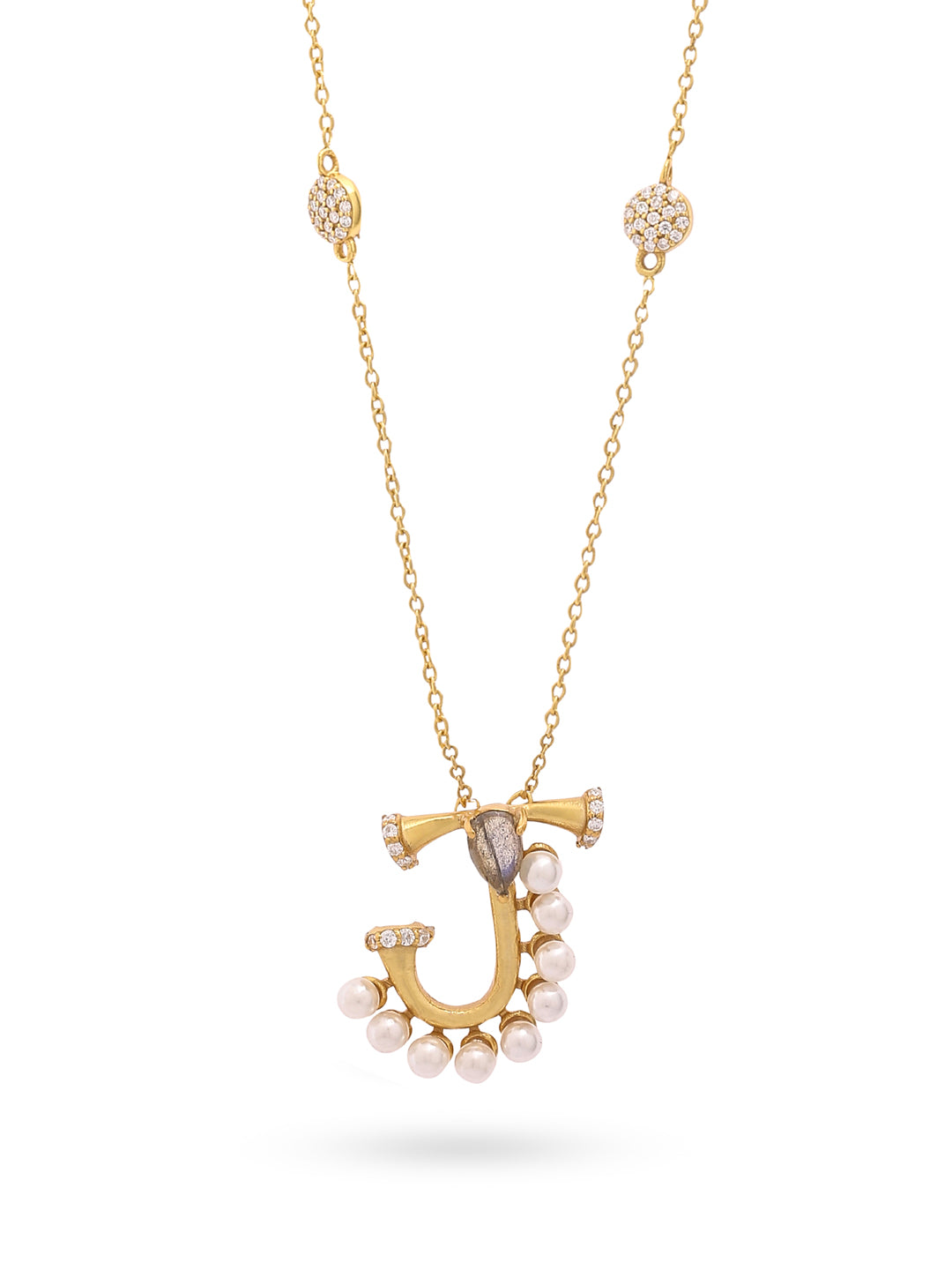 Labradorite Pearl Gold-plated Charming 'J' Alphabet 925 Sterling Silver Pendant For Women