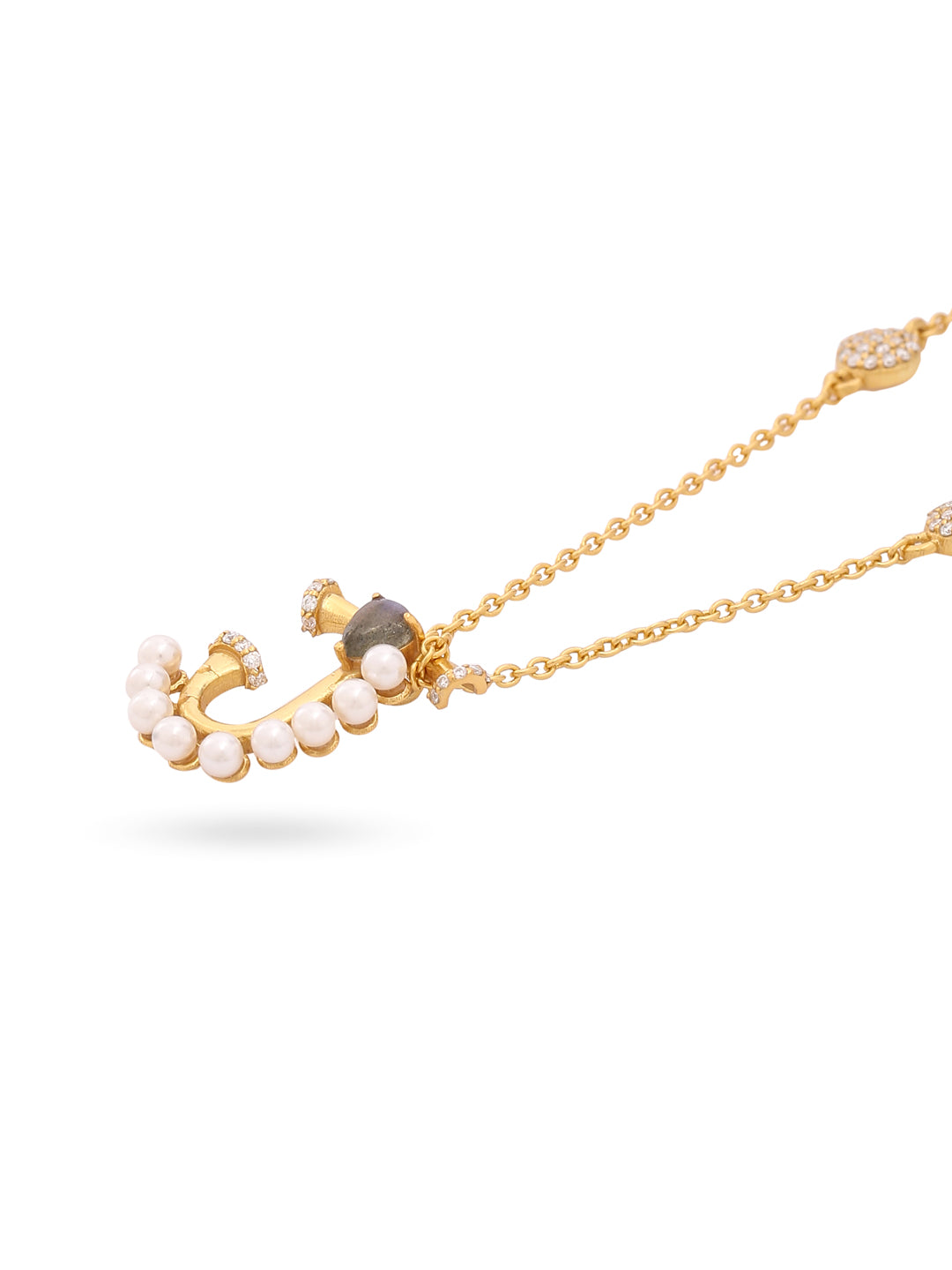 Labradorite Pearl Gold-plated Charming 'J' Alphabet 925 Sterling Silver Pendant For Women