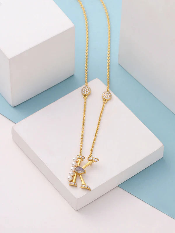 Labradorite Pearl Gold-plated Intricate 'K' Alphabet 925 Sterling Silver Pendant For Women