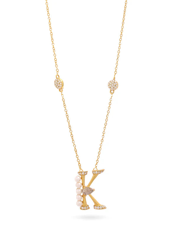 Labradorite Pearl Gold-plated Intricate 'K' Alphabet 925 Sterling Silver Pendant For Women
