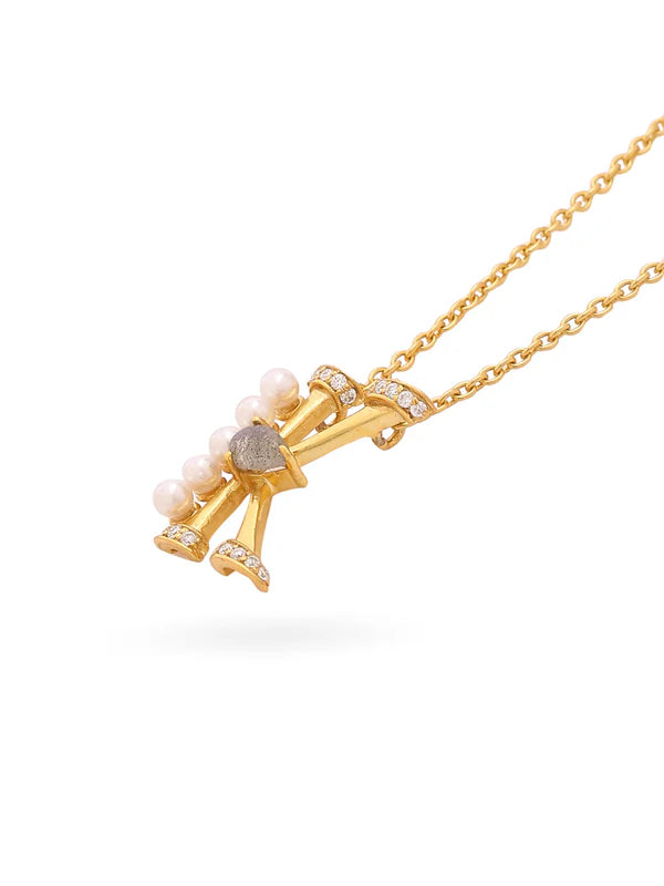 Labradorite Pearl Gold-plated Intricate 'K' Alphabet 925 Sterling Silver Pendant For Women