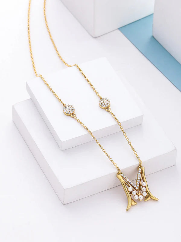 Pearl Gold-plated Elegant 'M' Alphabet Pendant 925 Sterling Silver Pendant For Women
