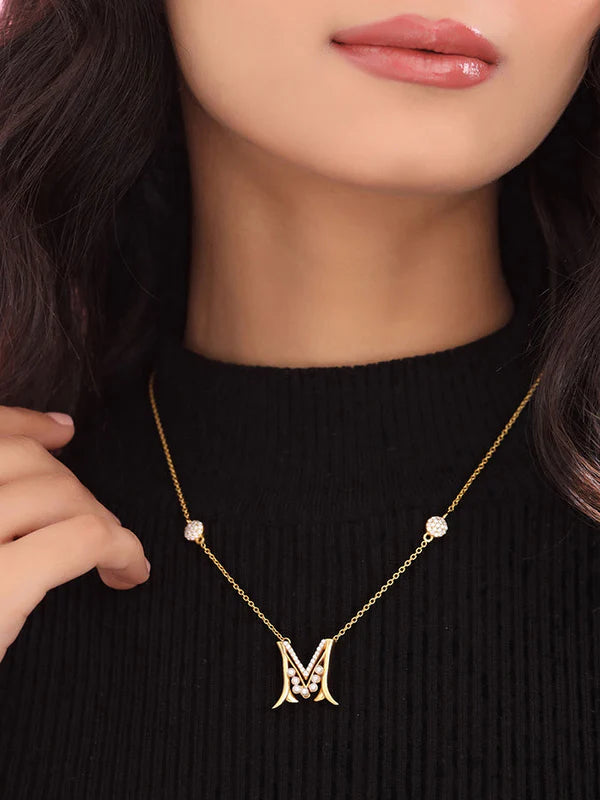 Pearl Gold-plated Elegant 'M' Alphabet Pendant 925 Sterling Silver Pendant For Women