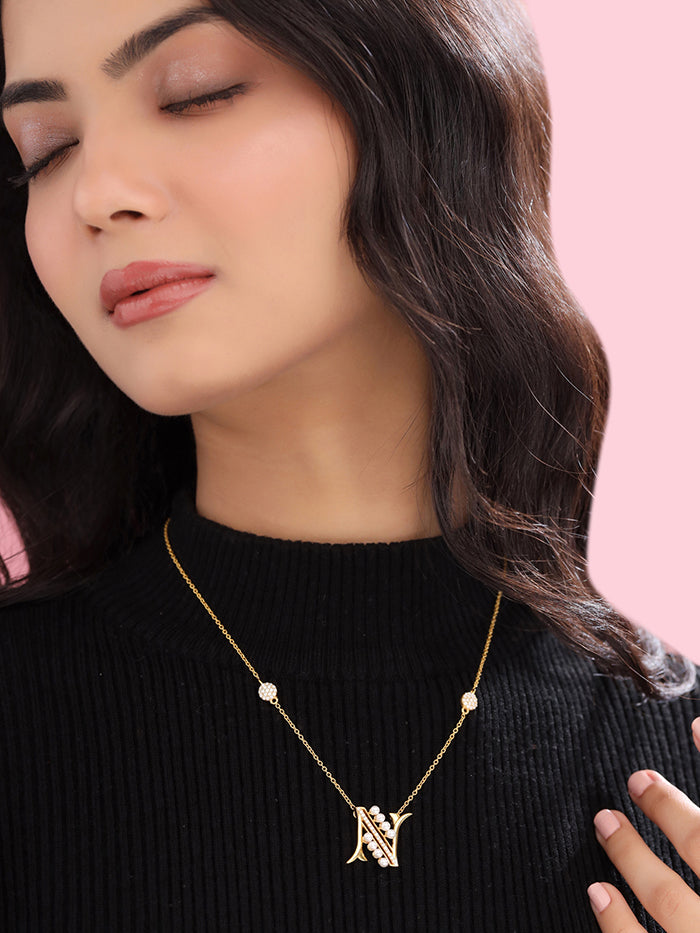 Pearl Gold-plated Personalized 'N' Alphabet 925 Sterling Silver Pendant For Women