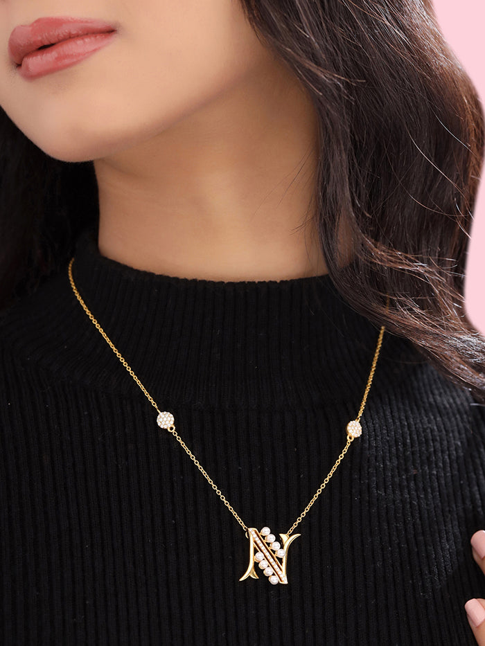Pearl Gold-plated Personalized 'N' Alphabet 925 Sterling Silver Pendant For Women