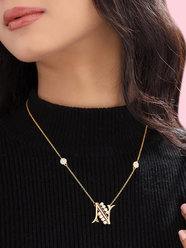 Pearl Gold-plated Personalized 'N' Alphabet 925 Sterling Silver Pendant For Women