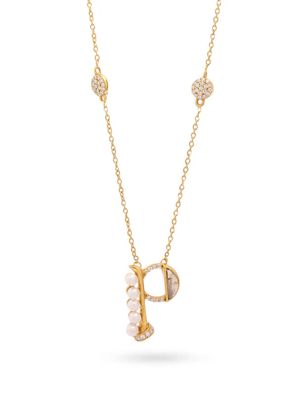 Labradorite Pearl Gold-plated Charming 'P' Alphabet 925 Sterling Silver Pendant For Women