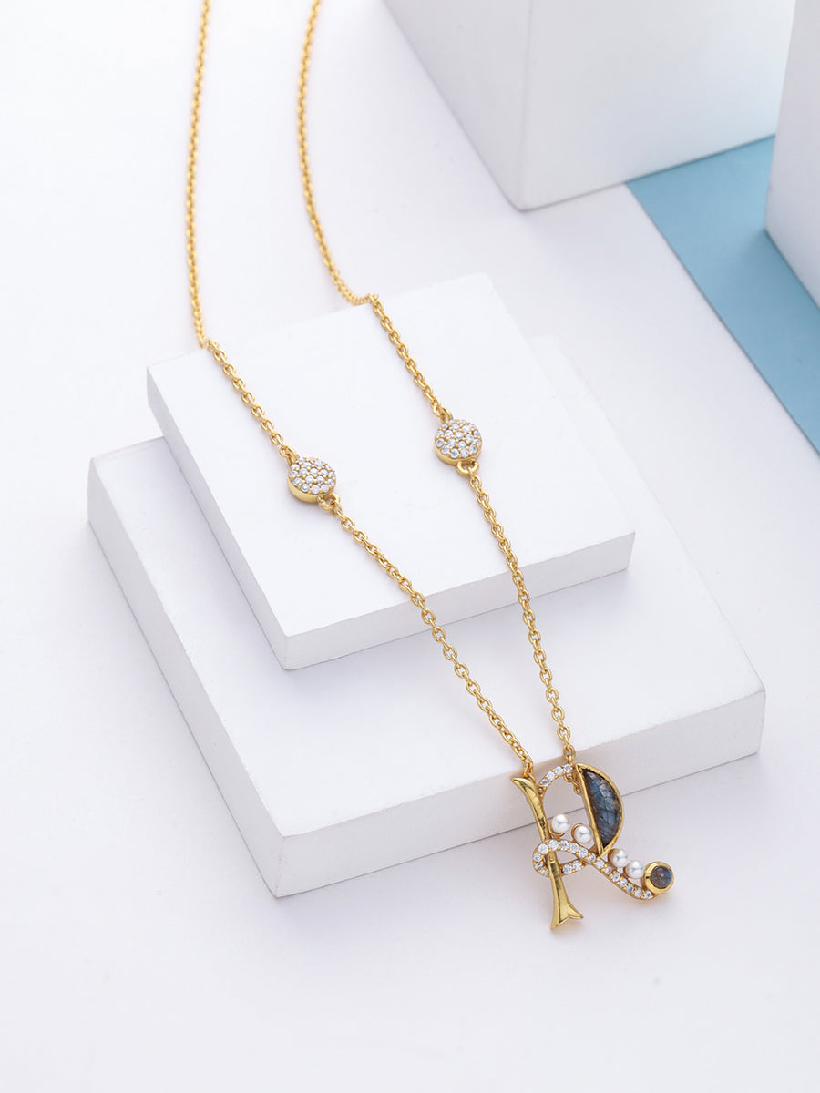 Labradorite Pearl Gold-plated Sleek 'R' Alphabet 925 Sterling Silver Pendant For Women