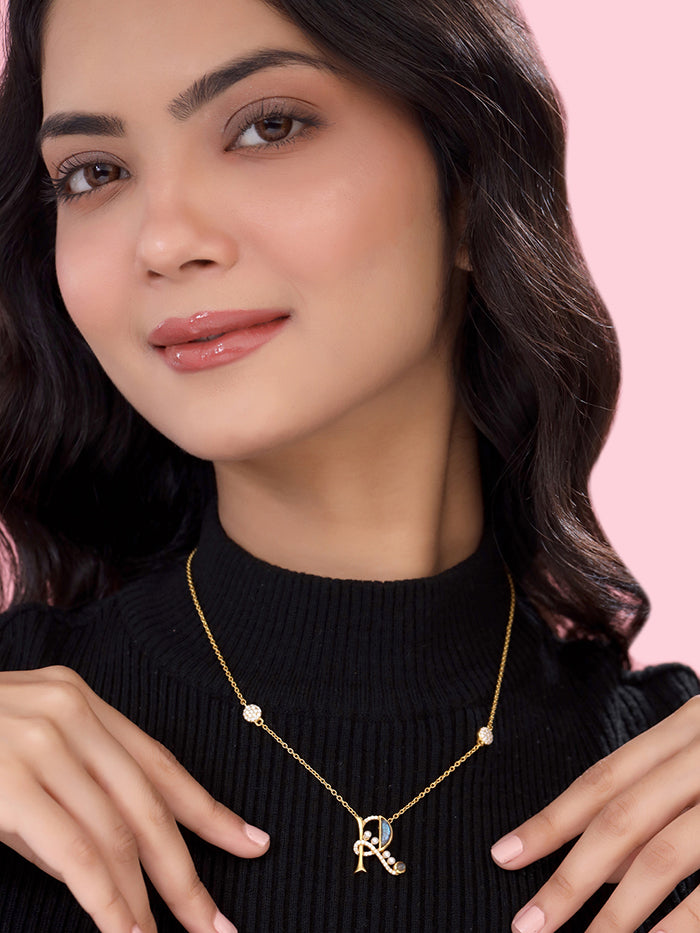 Labradorite Pearl Gold-plated Sleek 'R' Alphabet 925 Sterling Silver Pendant For Women