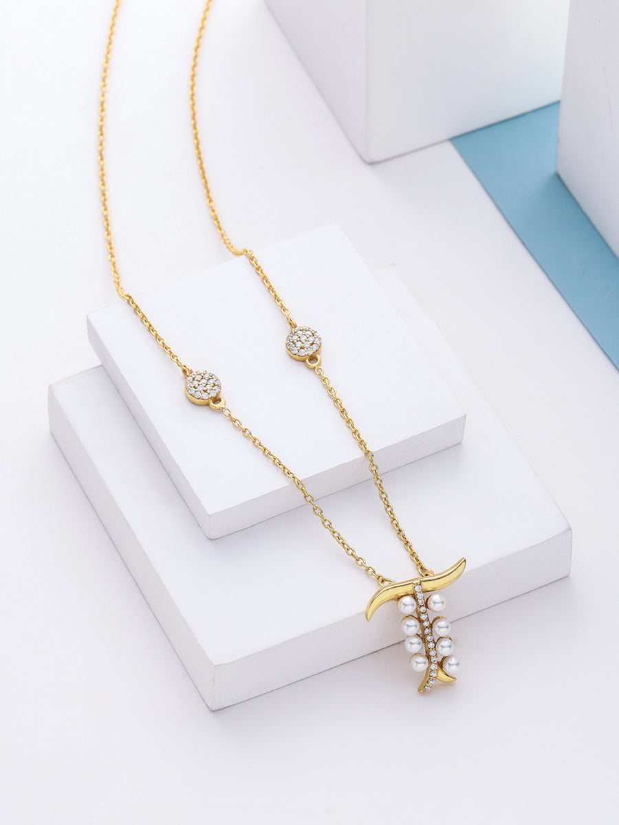 Pearl Gold-plated Dazzling 'T' Alphabet 925 Sterling Silver Pendant For Women