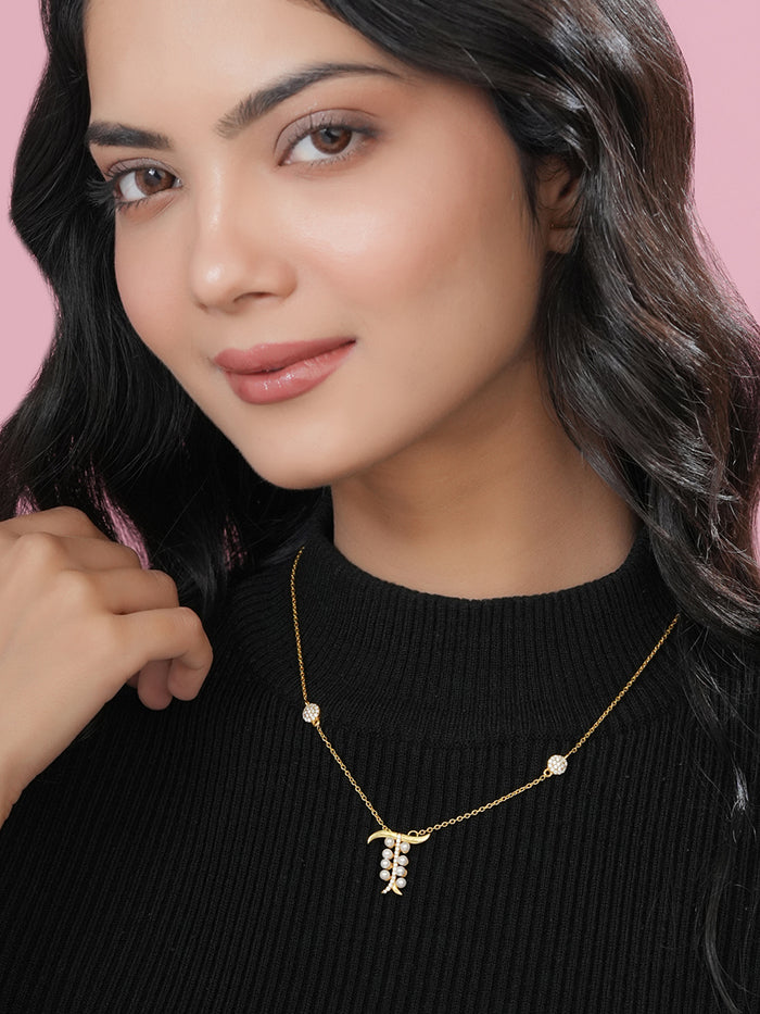 Pearl Gold-plated Dazzling 'T' Alphabet 925 Sterling Silver Pendant For Women