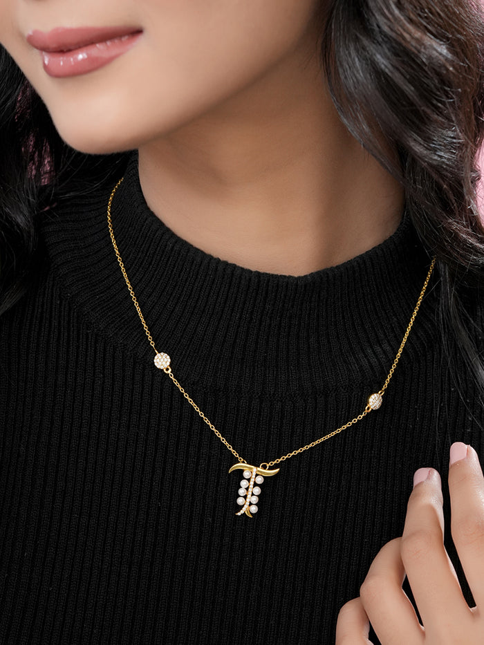 Pearl Gold-plated Dazzling 'T' Alphabet 925 Sterling Silver Pendant For Women