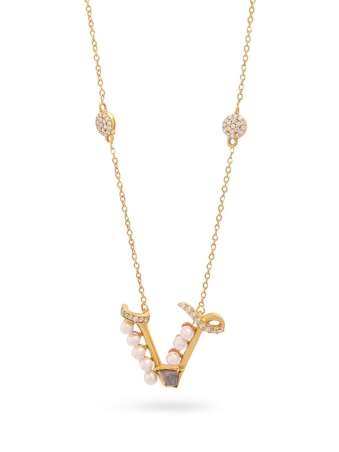 Labradorite Pearl Gold-plated Charming 'V' Alphabet 925 Sterling Silver Pendant For Women