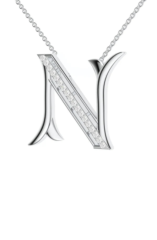 Signery ‘N’ Initial Pendant – Moissanite & Rhodium Plated