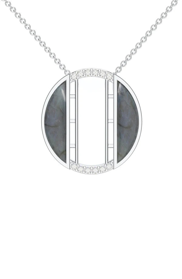 Signery ‘O’ Initial Pendant – Labradorite Moissanite & Rhodium Plated