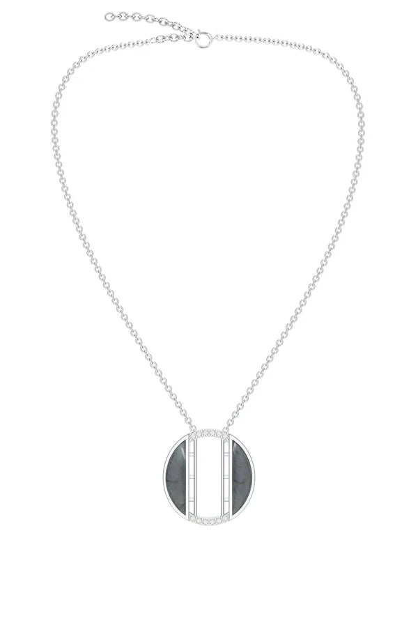 Signery ‘O’ Initial Pendant – Labradorite Moissanite & Rhodium Plated