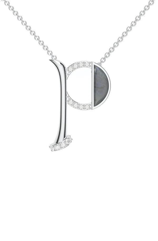 Signery ‘P’ Initial Pendant – Labradorite Moissanite & Rhodium Plated