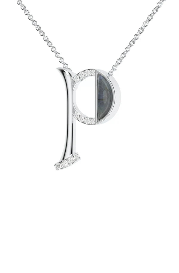 Signery ‘P’ Initial Pendant – Labradorite Moissanite & Rhodium Plated