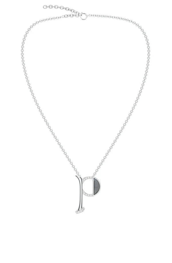 Signery ‘P’ Initial Pendant – Labradorite Moissanite & Rhodium Plated