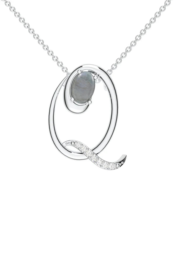 Signery ‘Q’ Initial Pendant – Labradorite Moissanite & Rhodium Plated