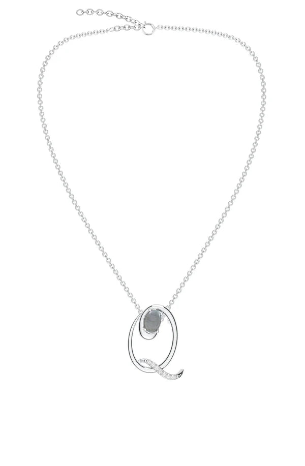 Signery ‘Q’ Initial Pendant – Labradorite Moissanite & Rhodium Plated