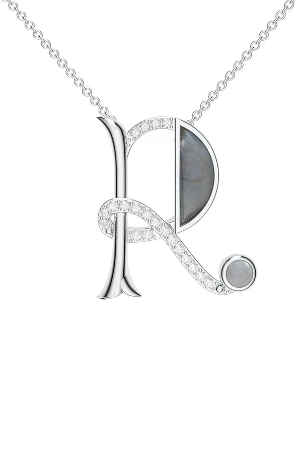 Signery ‘R’ Initial Pendant – Labradorite Moissanite & Rhodium Plated