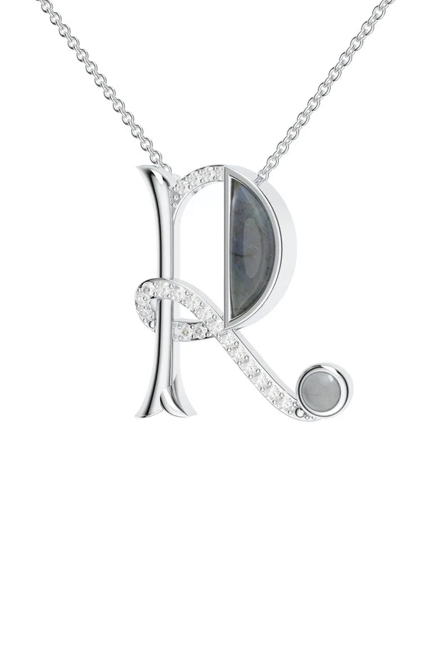 Signery ‘R’ Initial Pendant – Labradorite Moissanite & Rhodium Plated